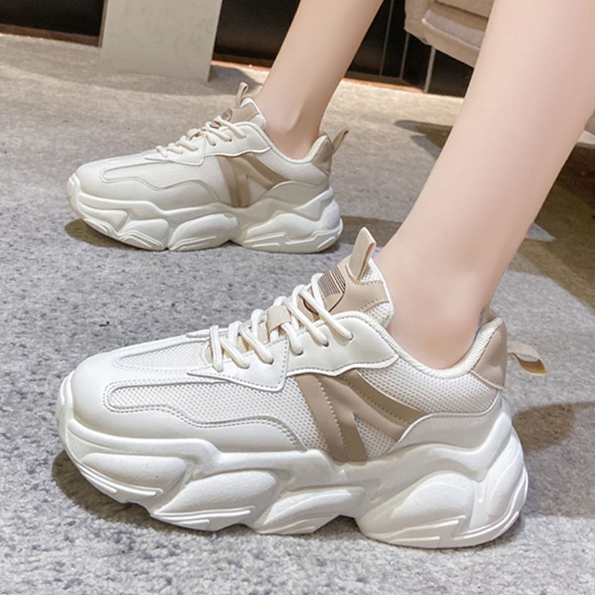 

Lace-up Front Mesh Panel Sneakers, Beige