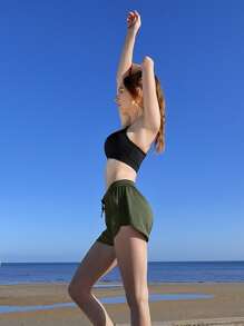 icyzone 繫帶腰素色海豚下擺運動短褲 - 軍綠色 - 查看 1