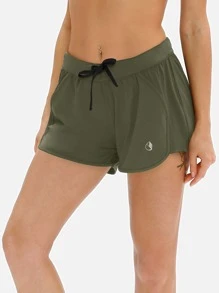 icyzone 繫帶腰素色海豚下擺運動短褲 - 軍綠色 - 查看 2