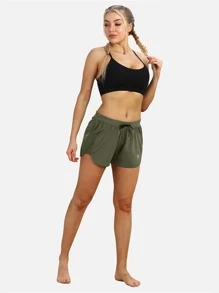 icyzone 繫帶腰素色海豚下擺運動短褲 - 軍綠色 - 查看 3