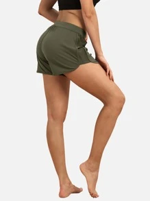 icyzone 繫帶腰素色海豚下擺運動短褲 - 軍綠色 - 查看 4