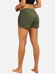 icyzone 繫帶腰素色海豚下擺運動短褲 - 軍綠色 - 查看 5