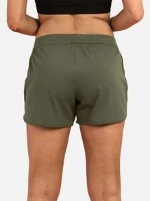 icyzone 繫帶腰素色海豚下擺運動短褲 - 軍綠色 - 查看 6