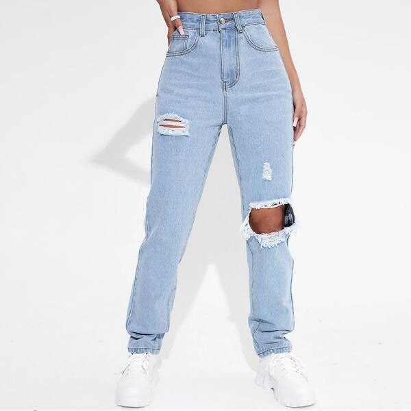 

Light Washed Ripped Straight Jeans, Light wash