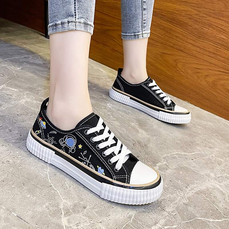 

Graphic Lace-up Front Canvas Shoes, Black