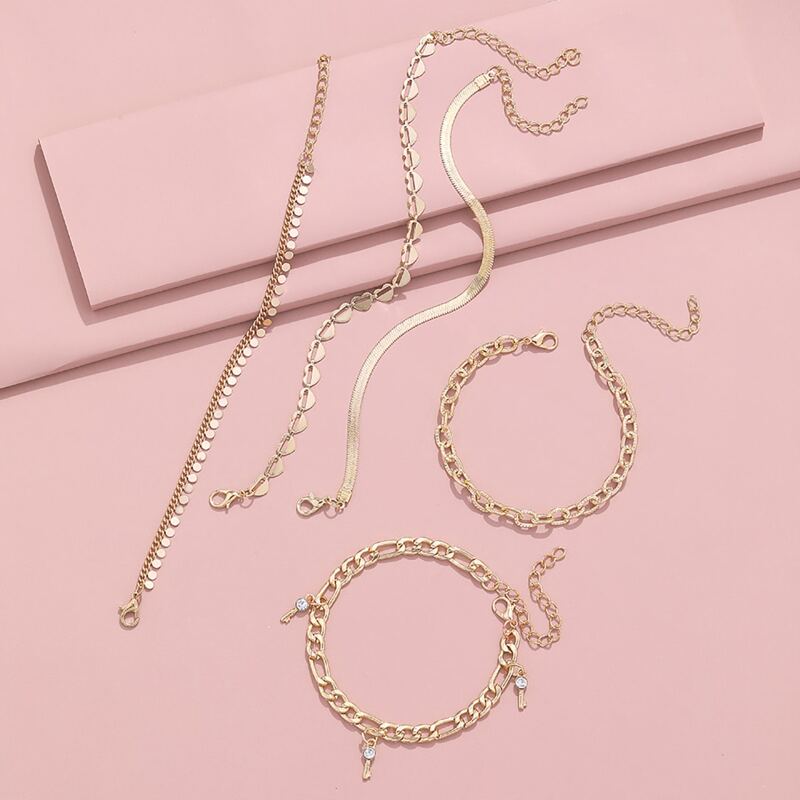 

5pcs Rhinestone Decor Chain Anklet, Gold