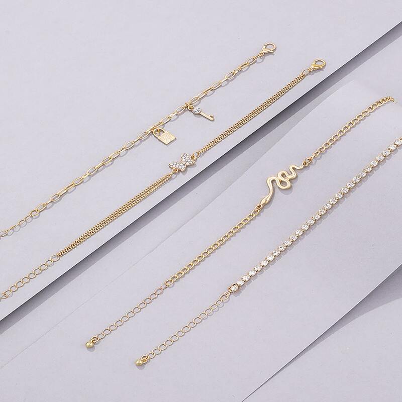 

4pcs Rhinestone Decor Chain Anklet, Gold