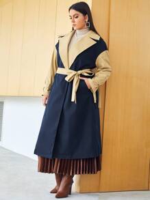 Mulvari Plus Lapel Neck Colour Block Drop Shoulder Belted Trench Coat - Navy Blue - View 2