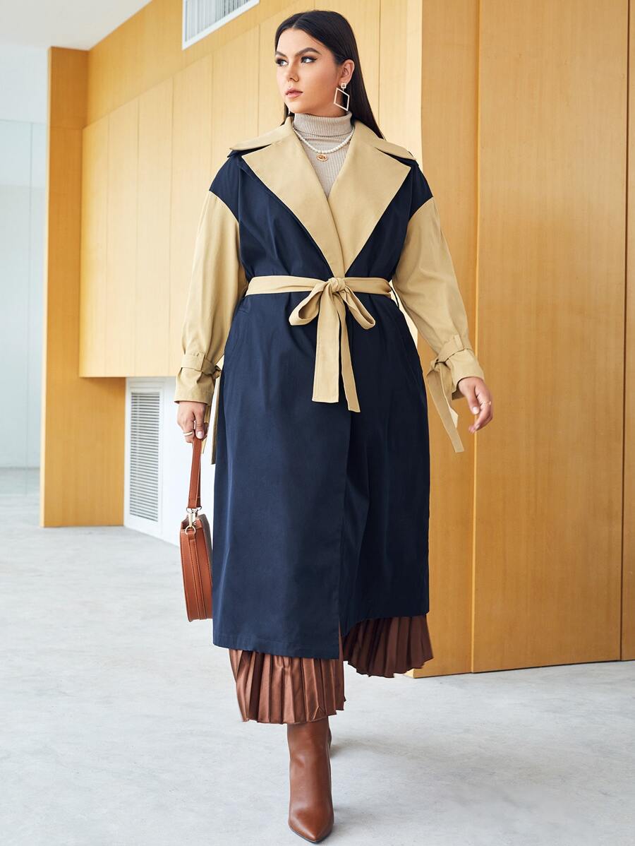 Mulvari Plus Lapel Neck Colour Block Drop Shoulder Belted Trench Coat - Navy Blue - View 1