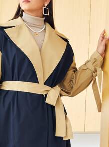 Mulvari Plus Lapel Neck Colour Block Drop Shoulder Belted Trench Coat - Navy Blue - View 5