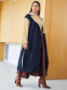 Mulvari Plus Lapel Neck Colour Block Drop Shoulder Belted Trench Coat - Navy Blue - View 4