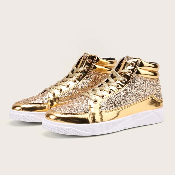 

Glitter Decor Lace Up Front High-Top Skate Shoes, Gold