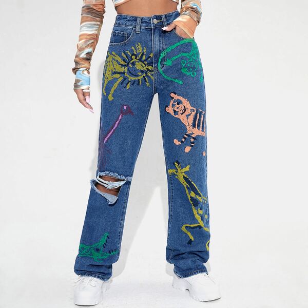 

Animal Print Ripped Jeans, Medium wash