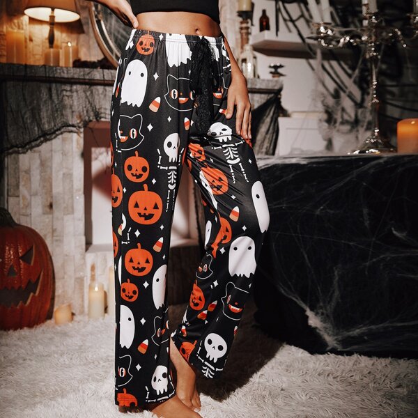 

Halloween Print Knotted Front Sleep Pants, Multicolor