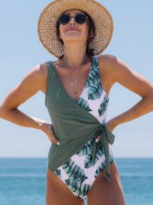 Leaf Print Knot Side One Piece Swimsuit - Multicolor - View 1