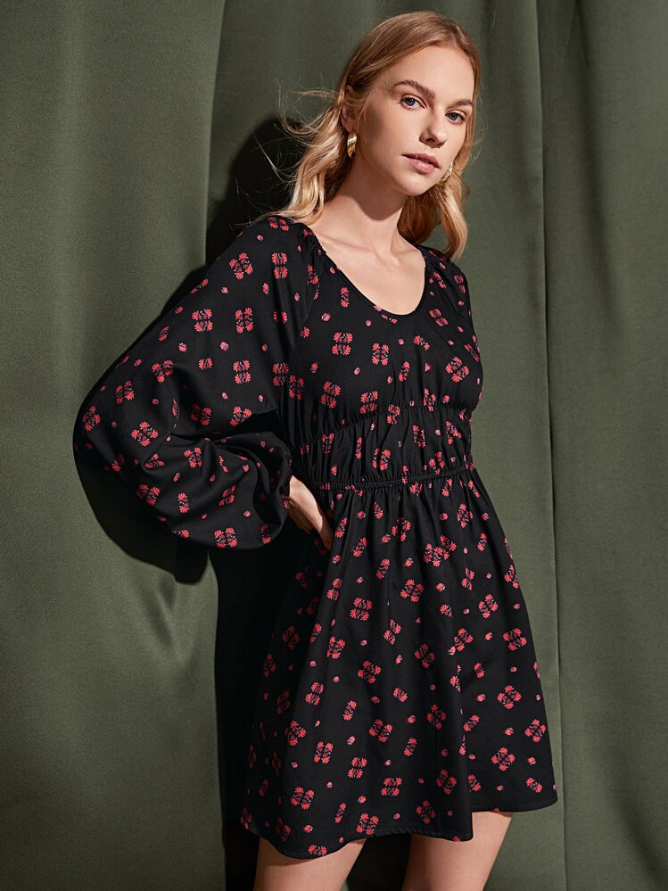 SHEIN Unity Floral Print Shirred Waist Lantern Sleeve Dress - Multicolor - View 4
