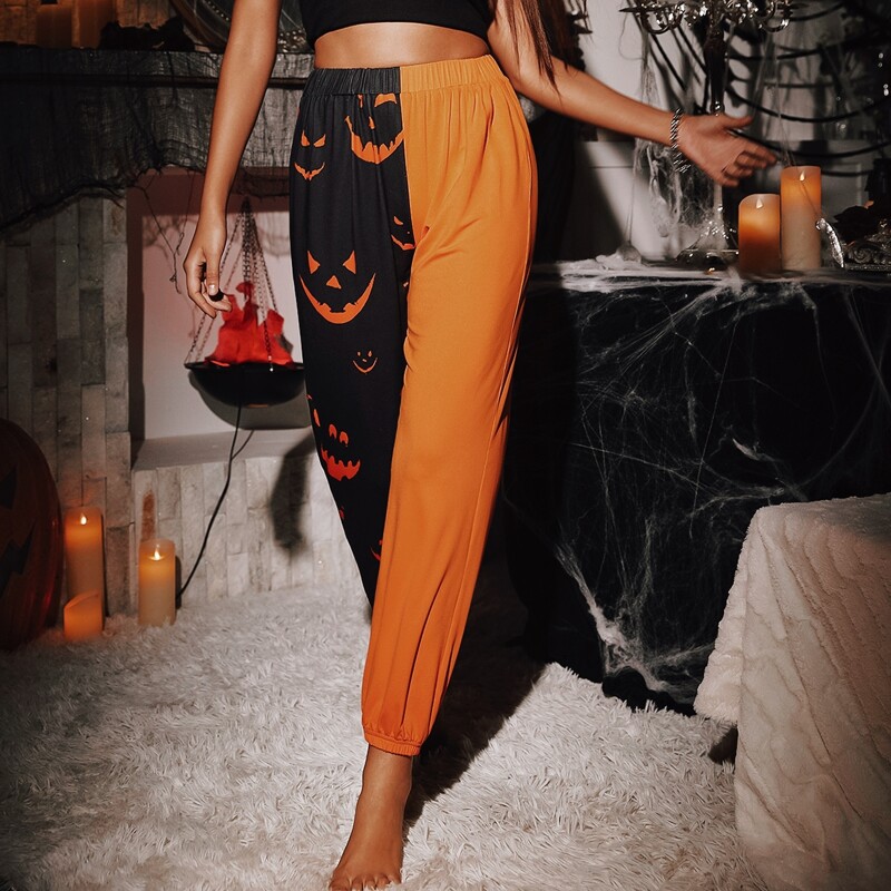 

Halloween Pumpkin Print Two Tone Sleep Pants, Multicolor