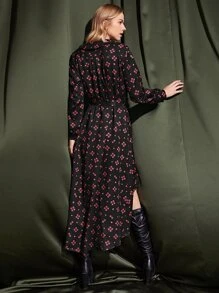 SHEIN Frenchy Floral Print High Low Hem Belted Dress Winter Elegant Vacation Flower Evening Dress - Multicolor - View 2