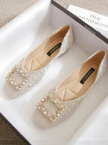 Fall/Winter Faux Pearl & Rhinestone Decor Ruched Flats Valentines