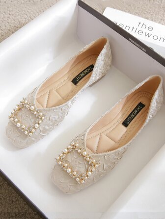 Faux Pearl & Rhinestone Decor Ruched Flats