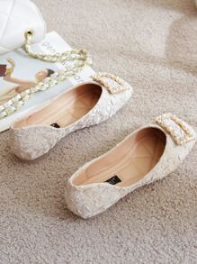 Fall/Winter Faux Pearl & Rhinestone Decor Ruched Flats Valentines