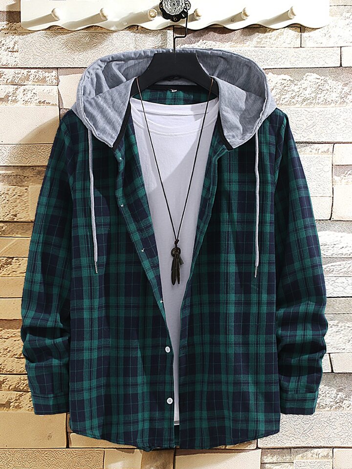 Men Plaid Drawstring Hooded Shirt Without Tee | SHEIN