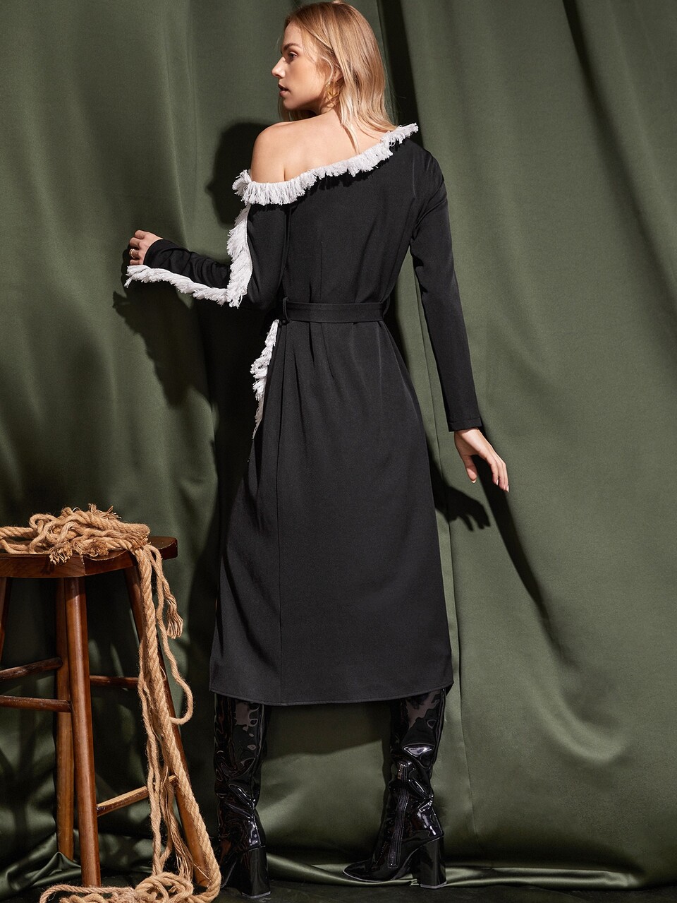 Asymmetrical Neck Fringe Trim Belted Split Thigh Dress