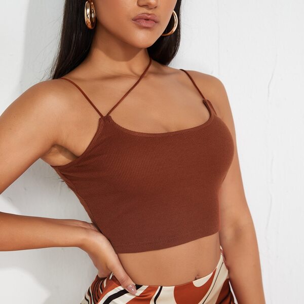 

Asymmetrical Neck Ribbed Knit Crop Top, Rust brown