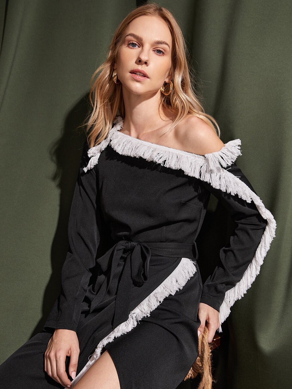 Asymmetrical Neck Fringe Trim Belted Split Thigh Dress