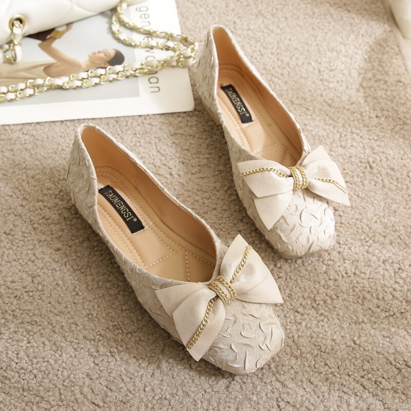 

Bow Decor Ruched Flats, Beige