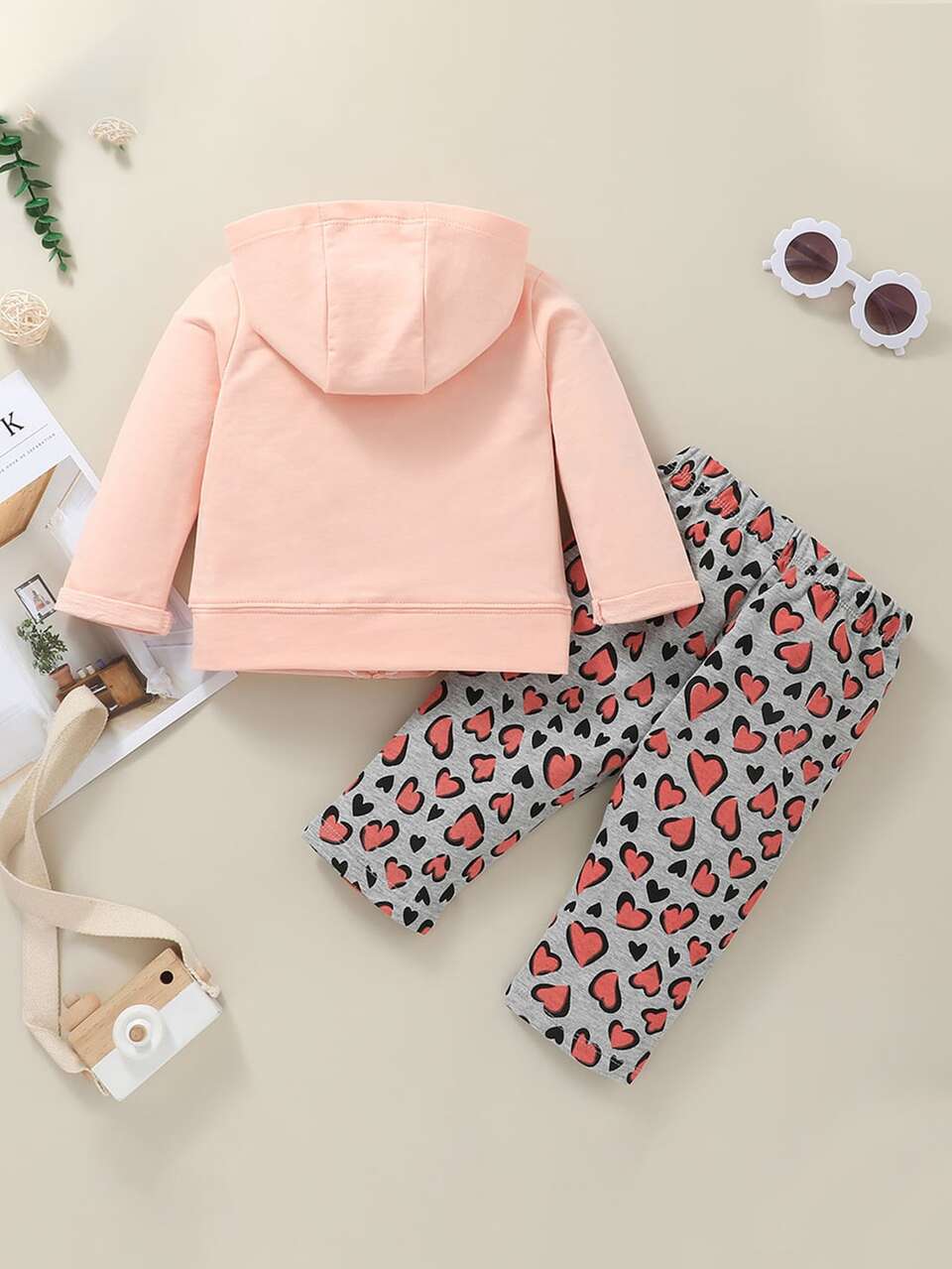 Baby Ruffle Trim Zip Up Hoodie & Heart Print Pants