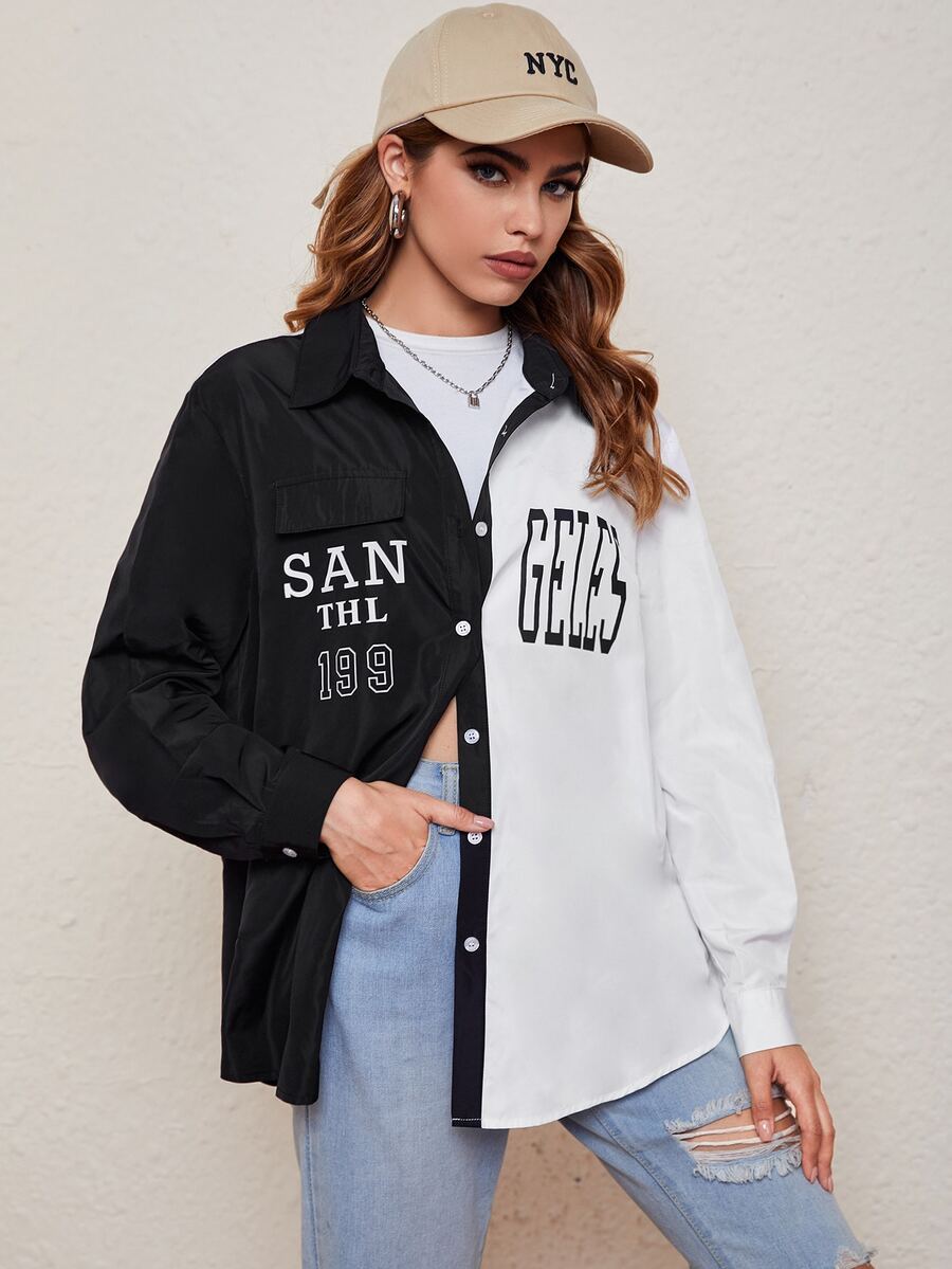 雙色字母圖案襯衫式外套 - 黑與白 - 查看 1