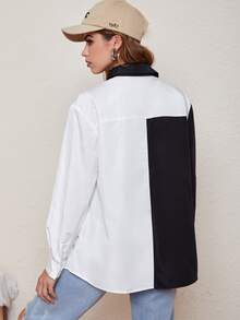 雙色字母圖案襯衫式外套 - 黑與白 - 查看 2