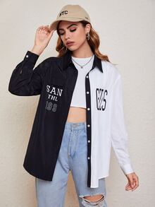 雙色字母圖案襯衫式外套 - 黑與白 - 查看 3