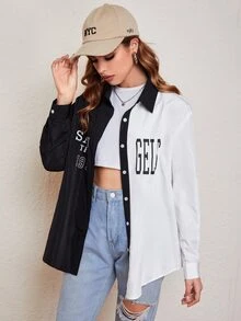 雙色字母圖案襯衫式外套 - 黑與白 - 查看 4