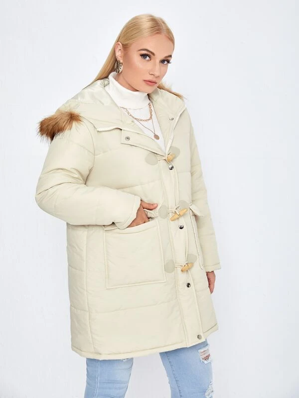 Plus Fuzzy Trim Flap Pockets Hooded Duffle Puffer Coat Shein Uk Plus Fuzzy Trim Flap Pockets Hooded, Wallis Long Winter Coats Womens Plus Size