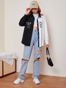 雙色字母圖案襯衫式外套 - 黑與白 - 查看 5