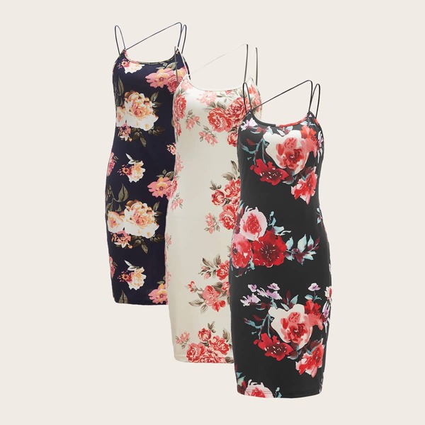 

3pcs Floral Print Strap Detail Cami Dress, Multicolor