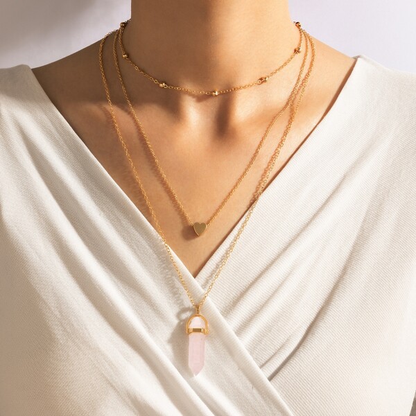 

Heart Decor Layered Necklace, Pink