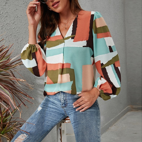 

Random Print Bishop Sleeve Blouse, Multicolor
