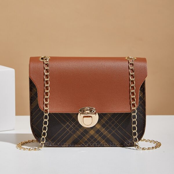 

Plaid Pattern Push Lock Chain Crossbody Bag, Multicolor