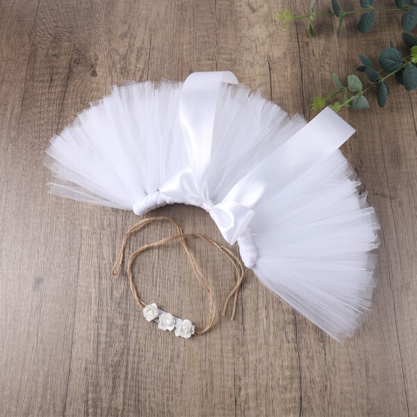 

Newborn Mesh Skirt With Headband Photography Prop, White