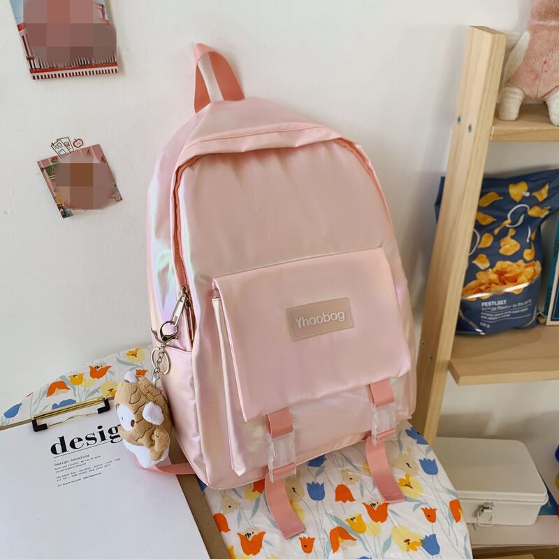 Double Buckle Backpack With Cartoon Bag Charm, Pink