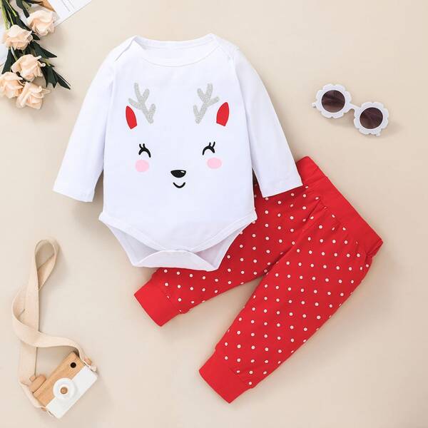 

Baby Cartoon Graphic Bodysuit & Polka Dot Print Sweatpants, Red and white