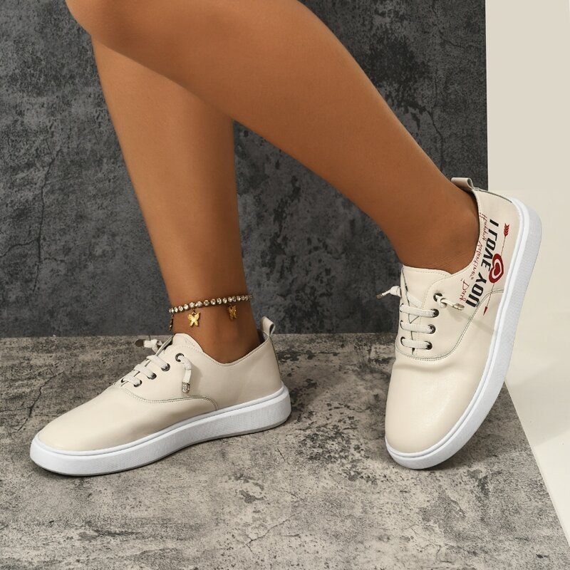

Letter & Heart Graphic Lace-up Flats, Beige