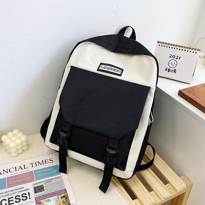 

Two Tone Buckle Decor Backpack, Black