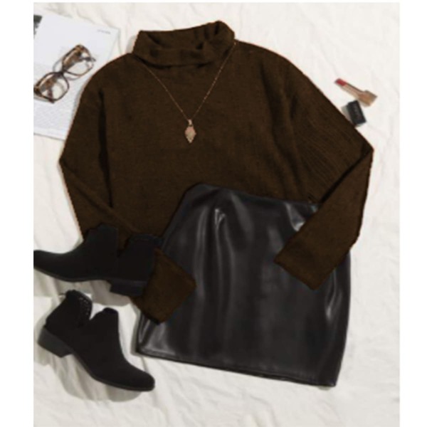 

Turtleneck Drop Shoulder Tee & PU Skirt, Multicolor