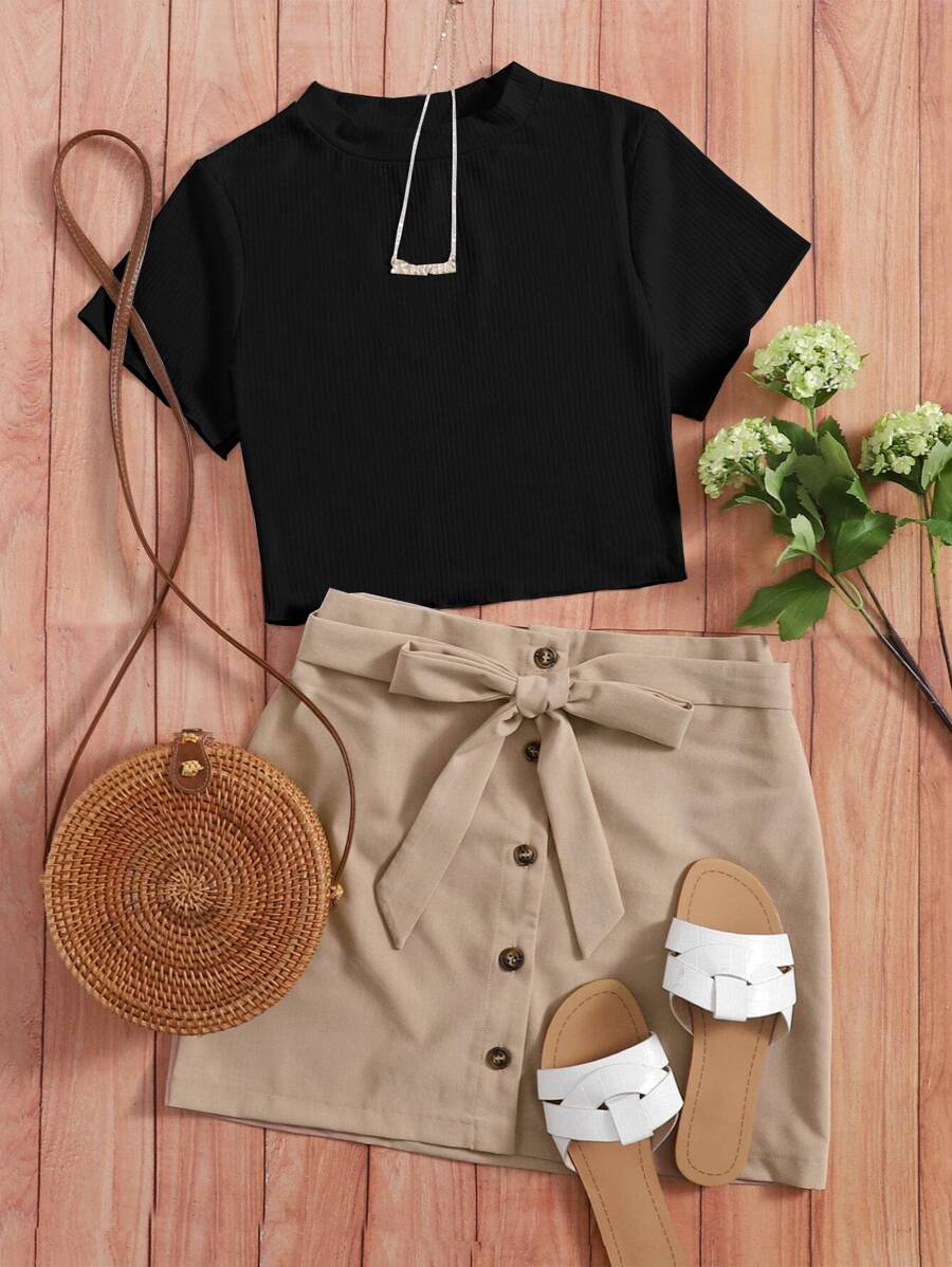 Breezaya Rib-knit Crop Tee With Belted Skirt - Multicolor - View 1