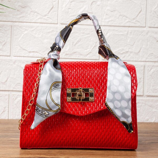

Scarf Decor Toggle Lock Chain Satchel Bag, Red