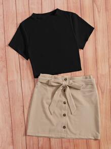 Breezaya Rib-knit Crop Tee With Belted Skirt - Multicolor - View 4